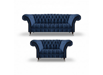 Blue Chesterfield sofa set textile couches three-seater two-seater 2-piece