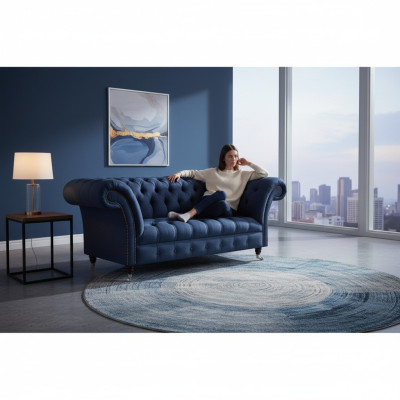 Elegant Chesterfield Two-Seater Blue Fabric Sofa Living Room Couches