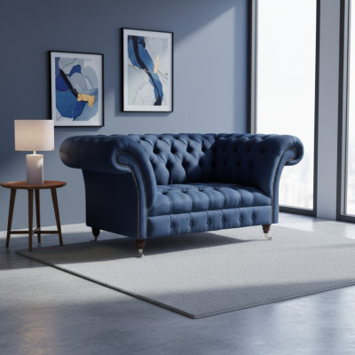 Elegant Chesterfield Two-Seater Blue Fabric Sofa Living Room Couches