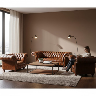 Brown living room Chesterfield set 2x leather armchairs elegant three-seater
