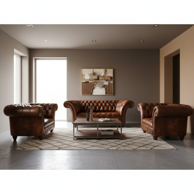 Brown living room Chesterfield set 2x leather armchairs elegant three-seater