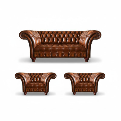Brown living room Chesterfield set 2x leather armchairs elegant three-seater