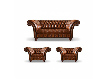 Brown living room Chesterfield set 2x leather armchairs elegant three-seater