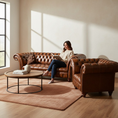 Luxurious Chesterfield Living Room Suite Leather Armchair 3-Seater 2-Piece Set