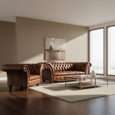Luxurious Chesterfield Living Room Suite Leather Armchair 3-Seater 2-Piece Set