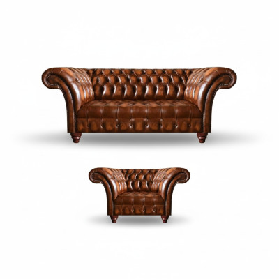 Luxurious Chesterfield Living Room Suite Leather Armchair 3-Seater 2-Piece Set