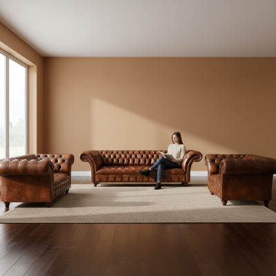 Chesterfield Brown Leather Suite Living Room Seating Sofas Leather Couches 3-piece Set