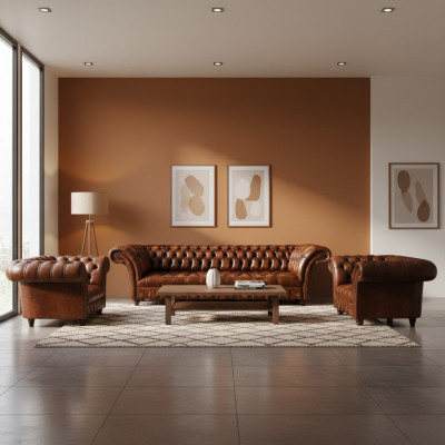 Chesterfield Brown Leather Suite Living Room Seating Sofas Leather Couches 3-piece Set