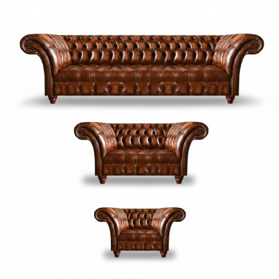 Chesterfield Brown Leather Suite Living Room Seating Sofas Leather Couches 3-piece Set