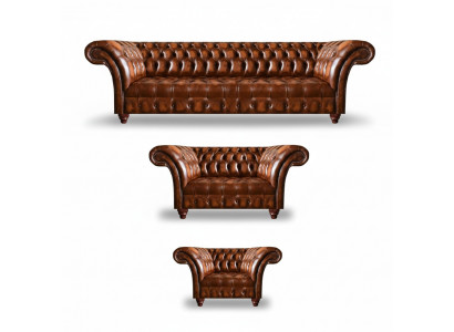 Chesterfield Brown Leather Suite Living Room Seating Sofas Leather Couches 3-piece Set
