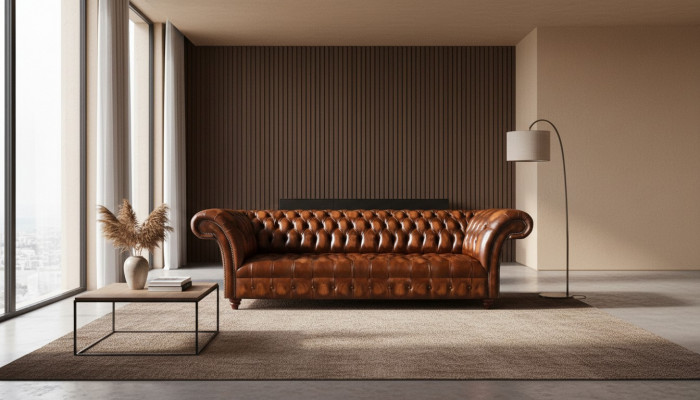 Chesterfield Leather Sofa Brown Faux Leather Couch Designer Elegant Seating Furniture