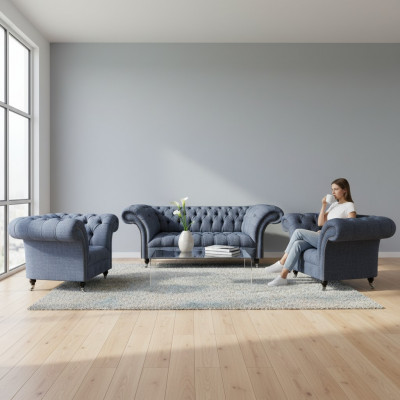 Chesterfield set gray upholstered furniture 2x armchair three-seater sofa