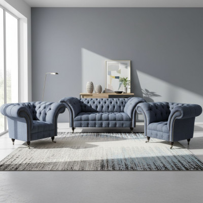 Chesterfield set gray upholstered furniture 2x armchair three-seater sofa