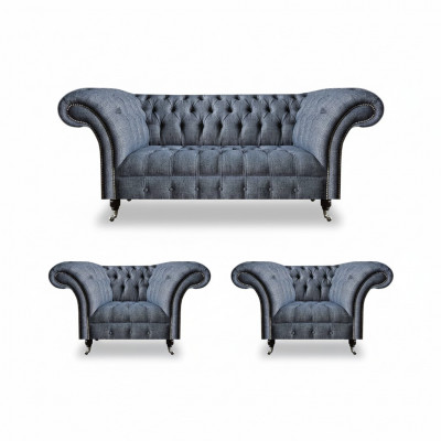 Chesterfield set gray upholstered furniture 2x armchair three-seater sofa