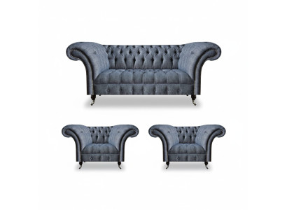 Chesterfield set gray upholstered furniture 2x armchair three-seater sofa