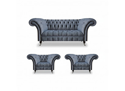 Chesterfield set gray upholstered furniture 2x armchair three-seater sofa