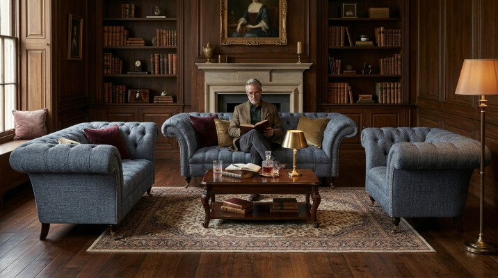 Living room Chesterfield set designer gray sofa suite armchair 3-seater