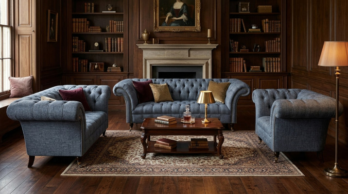Living room Chesterfield set designer gray sofa suite armchair 3-seater
