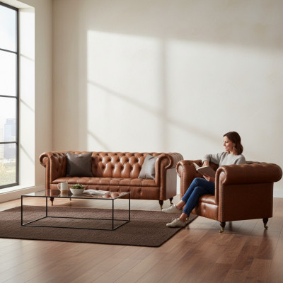 Brown stylish Chesterfield leather sofas complete 2-piece couch set