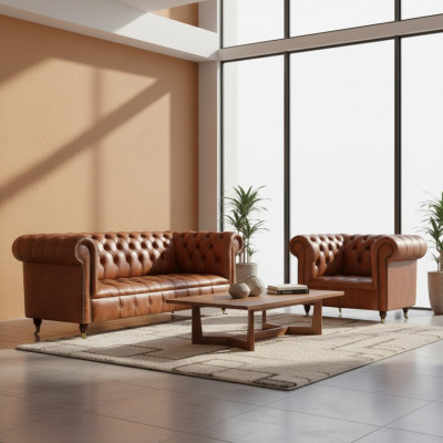 Brown stylish Chesterfield leather sofas complete 2-piece couch set