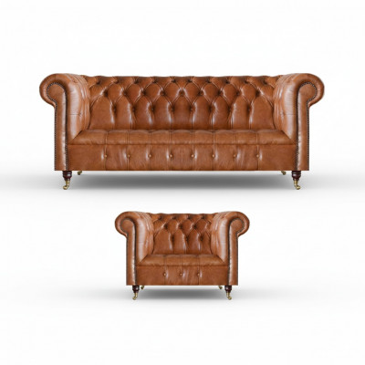 Brown stylish Chesterfield leather sofas complete 2-piece couch set