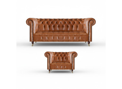 Brown stylish Chesterfield leather sofas complete 2-piece couch set