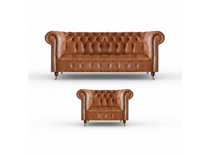 Brown stylish Chesterfield leather sofas complete 2-piece couch set