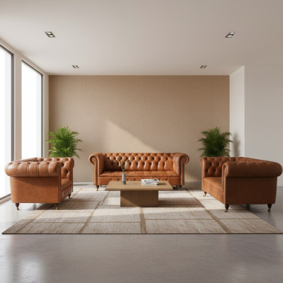 Brown Chesterfield leather sofas designer living room couches furniture 3-piece set