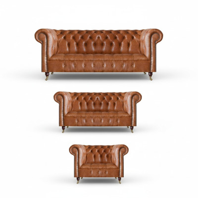 Brown Chesterfield leather sofas designer living room couches furniture 3-piece set