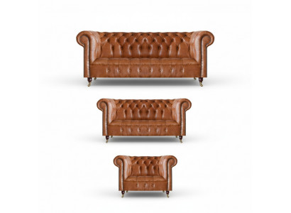 Brown Chesterfield leather sofas designer living room couches furniture 3-piece set