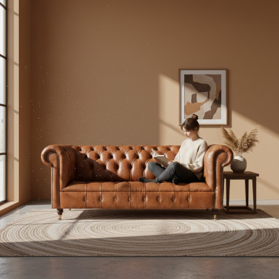 Chesterfield Leather Seating Furniture Brown Three-Seater Living Room Noble Sofas