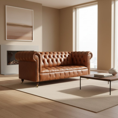 Chesterfield Leather Seating Furniture Brown Three-Seater Living Room Noble Sofas