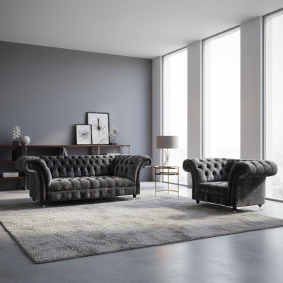Chesterfield Upholstery Furniture Living Room Textile Three-Seater Noble Armchair 2-piece Set