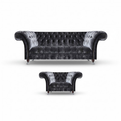 Chesterfield Upholstery Furniture Living Room Textile Three-Seater Noble Armchair 2-piece Set