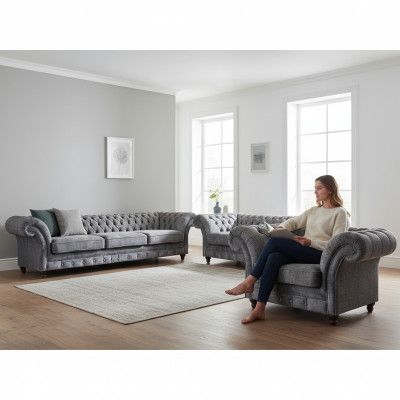 Chesterfield Gray Textile Upholstery Living Room Sofas Designer Couches
