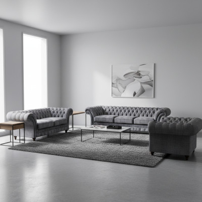 Chesterfield Gray Textile Upholstery Living Room Sofas Designer Couches