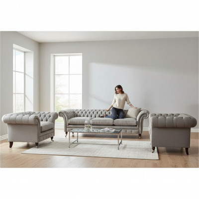 Modern Chesterfield Seating Suite Textile Sofas Armchair Upholstered Furniture 3-piece Set