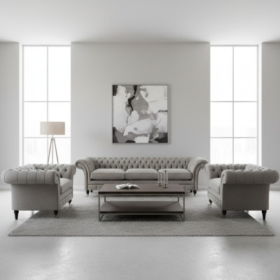 Modern Chesterfield Seating Suite Textile Sofas Armchair Upholstered Furniture 3-piece Set