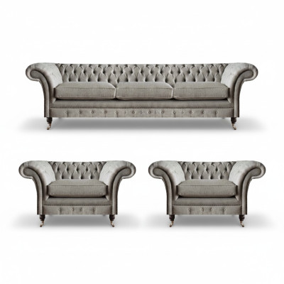 Modern Chesterfield Seating Suite Textile Sofas Armchair Upholstered Furniture 3-piece Set
