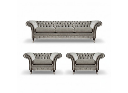 Modern Chesterfield Seating Suite Textile Sofas Armchair Upholstered Furniture 3-piece Set