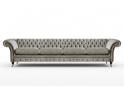 Light gray Chesterfield upholstered sofa, designer 4-seater textile seating furniture.