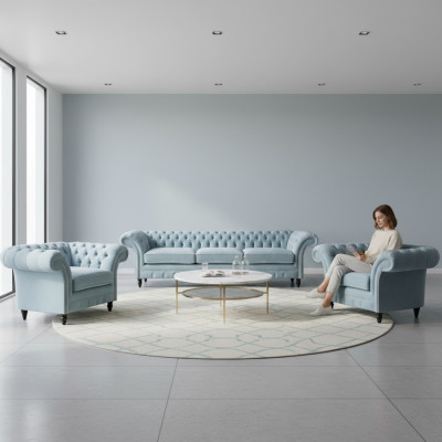Chesterfield Upholstered Seating Blue Sofa Set 3-Seater 2x Armchair
