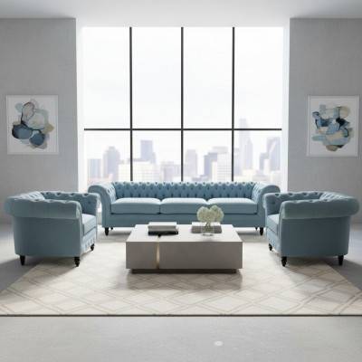 Chesterfield Upholstered Seating Blue Sofa Set 3-Seater 2x Armchair
