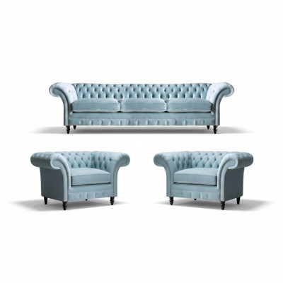 Chesterfield Upholstered Seating Blue Sofa Set 3-Seater 2x Armchair