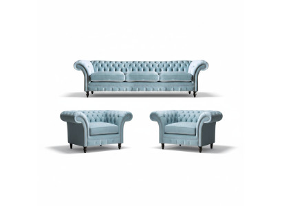 Chesterfield Upholstered Seating Blue Sofa Set 3-Seater 2x Armchair