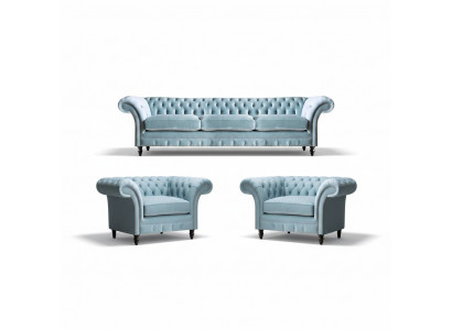 Chesterfield Upholstered Seating Blue Sofa Set 3-Seater 2x Armchair