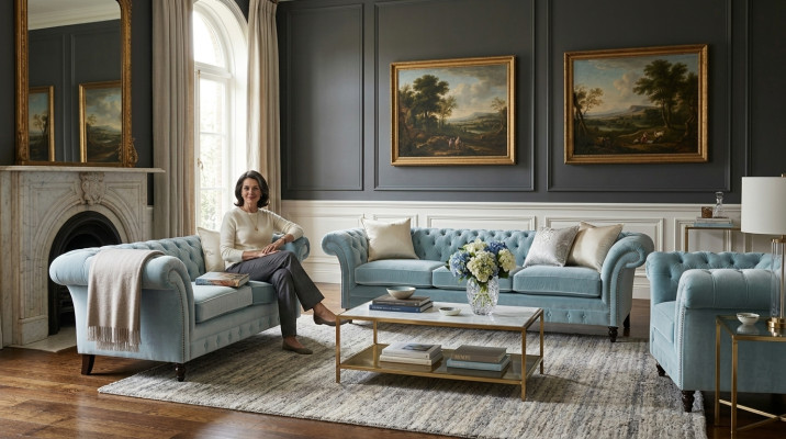 Luxurious Blue Chesterfield Upholstered Set Three-Seat Armchair 3-piece