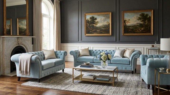 Luxurious Blue Chesterfield Upholstered Set Three-Seat Armchair 3-piece