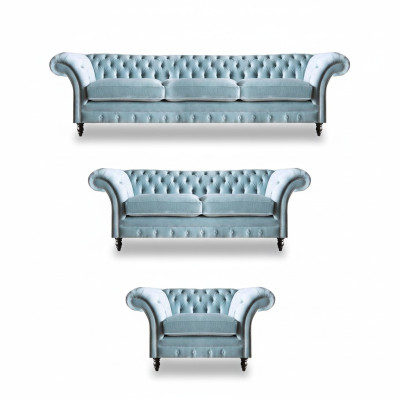 Luxurious Blue Chesterfield Upholstered Set Three-Seat Armchair 3-piece