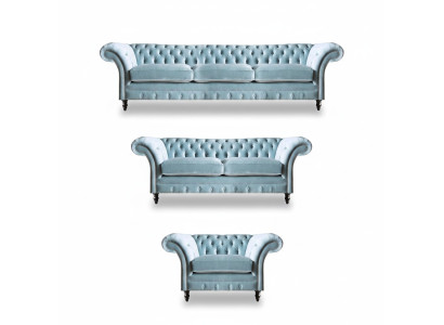 Luxurious Blue Chesterfield Upholstered Set Three-Seat Armchair 3-piece